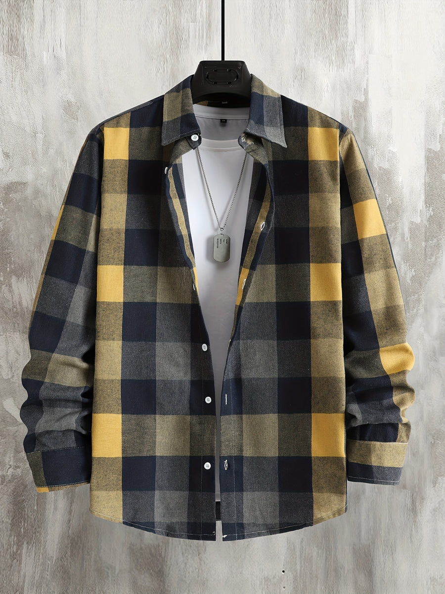 Home Men'S Autumn Single-Button Casual Checkered Shirt, Long Sleeve - Khaki