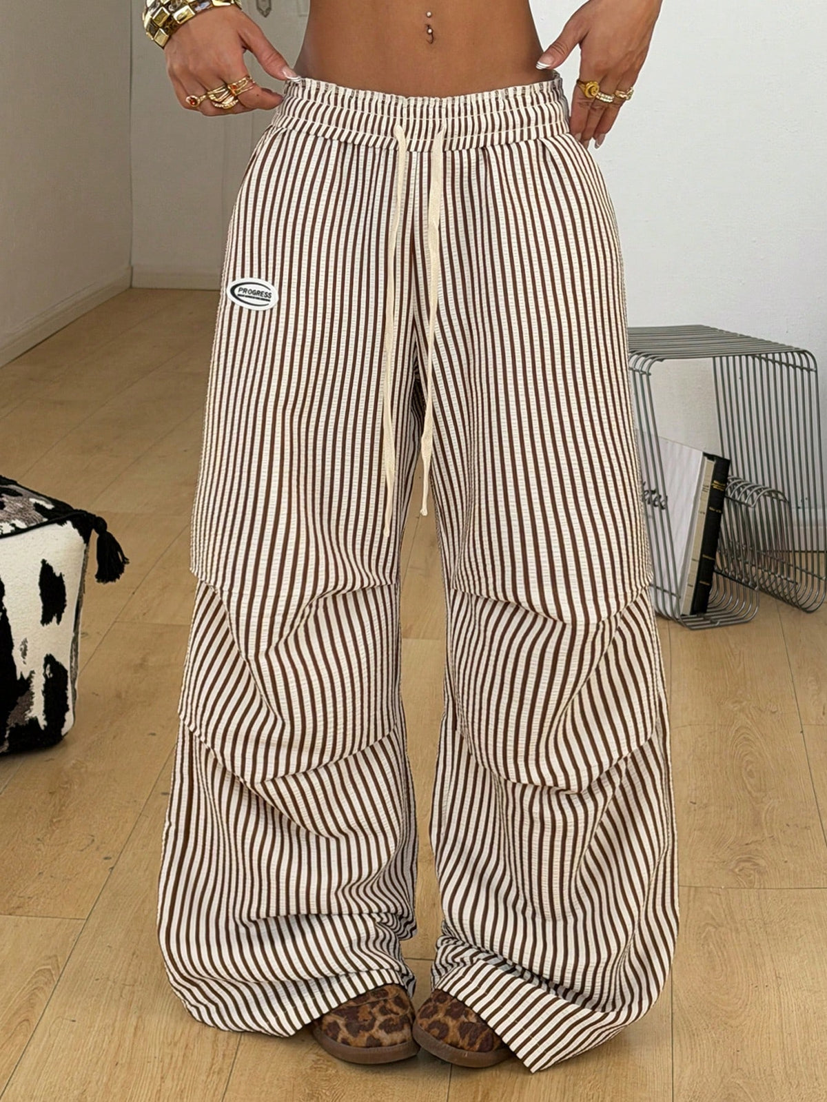 Women's Summer Basic Striped Wide-Leg Jogger Pants - Khaki