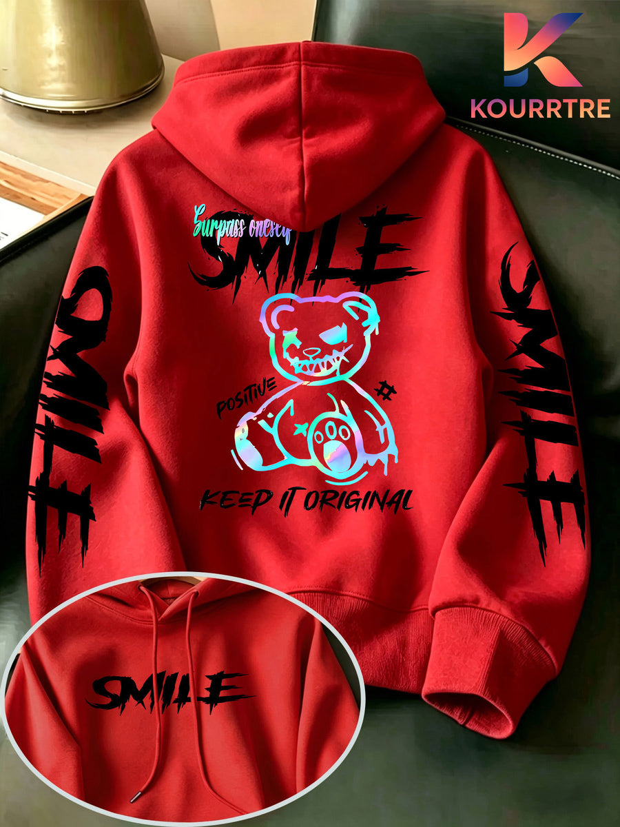 Men's Street-Style Cool Gradient Bear Symbol Hooded Sweatshirt, Featuring a Graffiti Bear Personality Print, Embodying American Street Fashion Culture, an Exclusive Item for Trendsetters! This Men's Hooded Sweatshirt Is Made from Selected - Red
