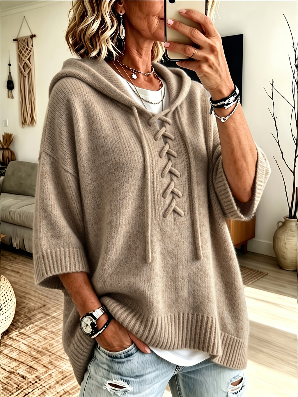 Niannian Fashion Women's Casual Solid Color Pullover, Drawstring Hooded Drop Shoulder Loose Fit Top, Plain Weave Three-Quarter Sleeve Comfortable Casual Sweater, Perfect for Layering in Spring, Autumn, and Winter - Khaki