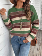 Women's Vintage Casual Sweater - Soft Medium-Stretch Round Neck Long Sleeve, Horizontal Striped Loose Fit Pullover for All-Season Comfort & Everyday Elegance, Cute Sweaters, Elegant Layering Piece, Durable Knitwear - Bean Green