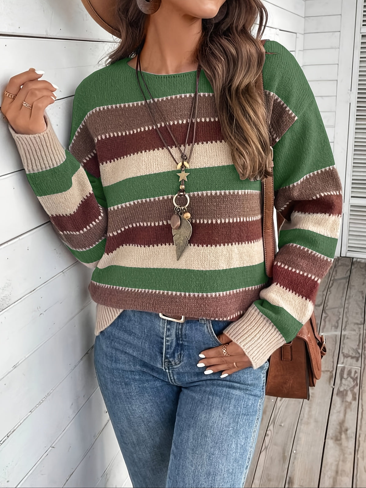 Women's Vintage Casual Sweater - Soft Medium-Stretch Round Neck Long Sleeve, Horizontal Striped Loose Fit Pullover for All-Season Comfort & Everyday Elegance, Cute Sweaters, Elegant Layering Piece, Durable Knitwear - Bean Green