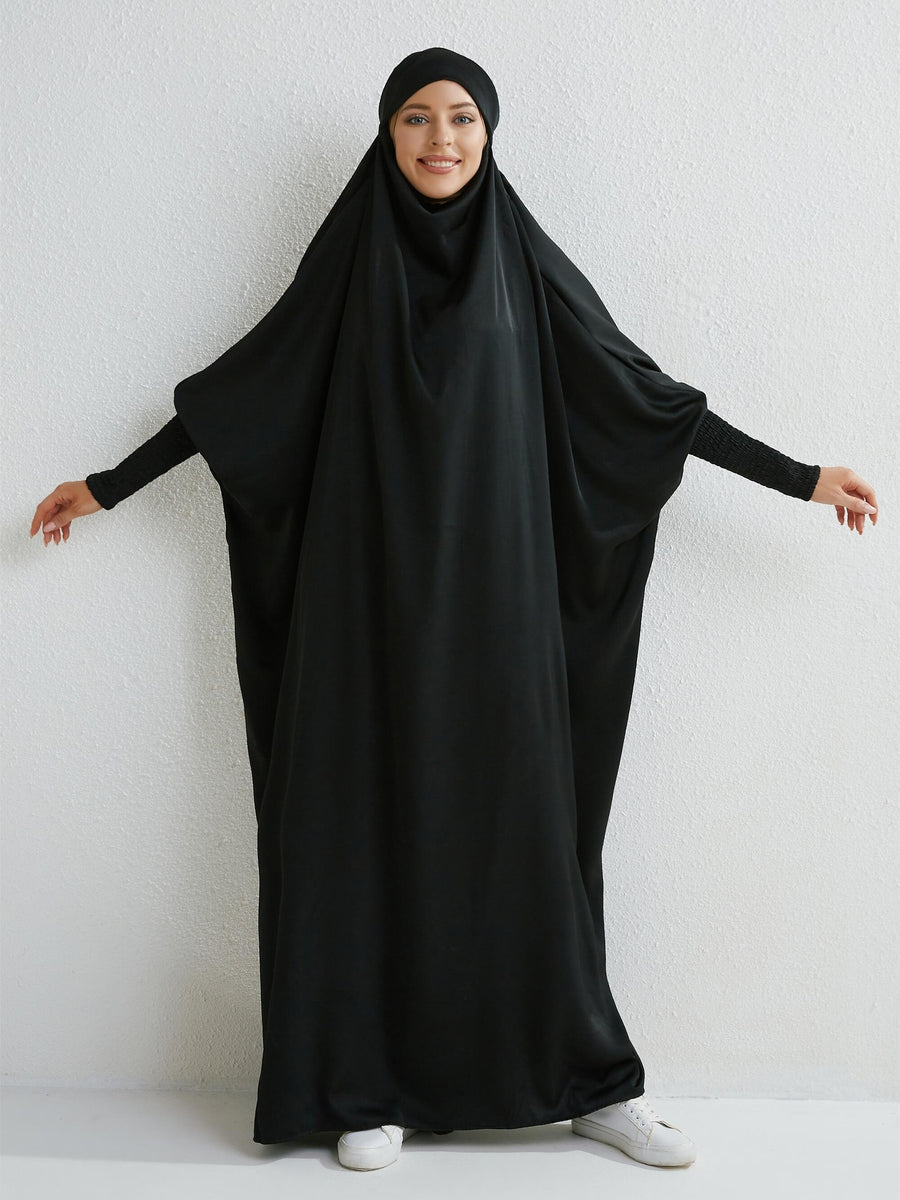 Islamic Attire for Women Featuring a Hooded Jilbab with Smocking Sleeves, Designed for Prayer, Suitable for Modesty in Dubai And Saudi Arabia, Available in Black - Black