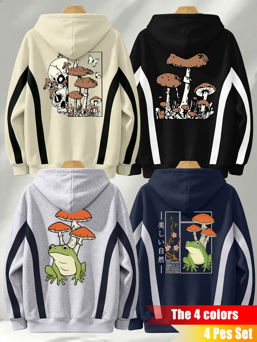 4pcs Set: Autumn/Winter Men's Pullover Hooded Sweatshirt with Diagonal Contrast Color Line Cut on Sleeves, Street Style Top. Features Adjustable Drawstring and Large Kangaroo Pocket for Storing Phones and Small Items. Made of Skin-Friendly - Apricot + Navy Blue + Gray + Black