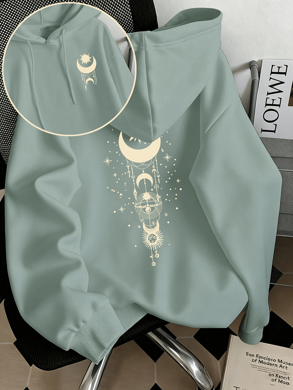 Women'S Fashion Starry Moon Print Casual Hooded Sweatshirt - Light Green