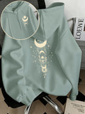 Women'S Fashion Starry Moon Print Casual Hooded Sweatshirt - Light Green