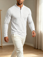Men Spring Autumn Textured Mandarin Collar Henley 5-button Long Sleeve Top. Slim Soft Breathable Wrinkle-resistant Long Tee for Daily Business Commute & Casual Wear. - White