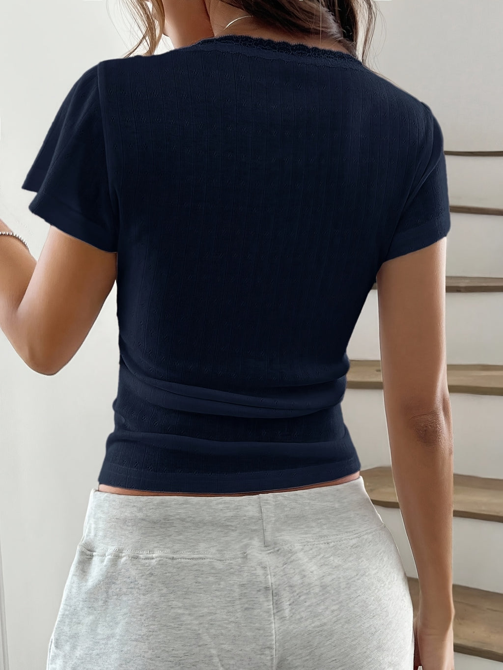 Spring Summer Women'S Sweet Lace Trim Short Sleeve Slim Casual T-Shirt Top - Navy Color