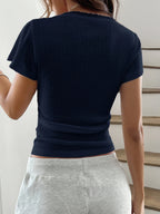 Spring Summer Women'S Sweet Lace Trim Short Sleeve Slim Casual T-Shirt Top - Navy Color