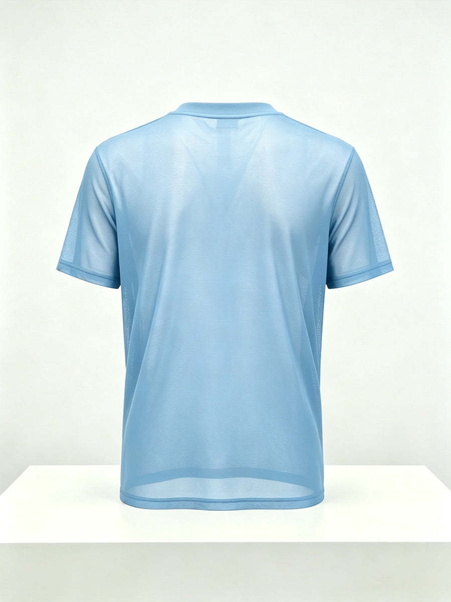 Men's Geometric Triangle Small Logo Mesh Short Sleeve Cooling Quick-Dry Loose Fit Crew Neck Sports T-Shirt - Sky Blue