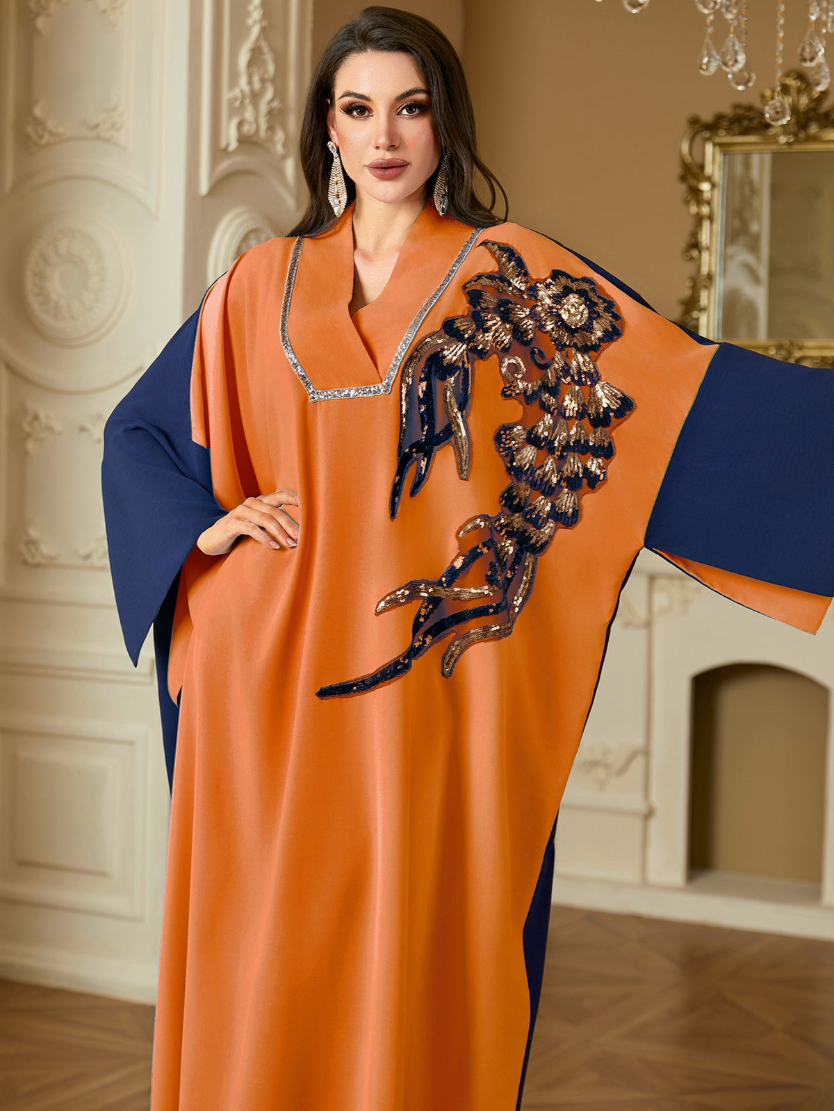 Fashion Contrast Color Patchwork Sequin Bead Bat Sleeve Long Sleeve Loose Dress - Orange