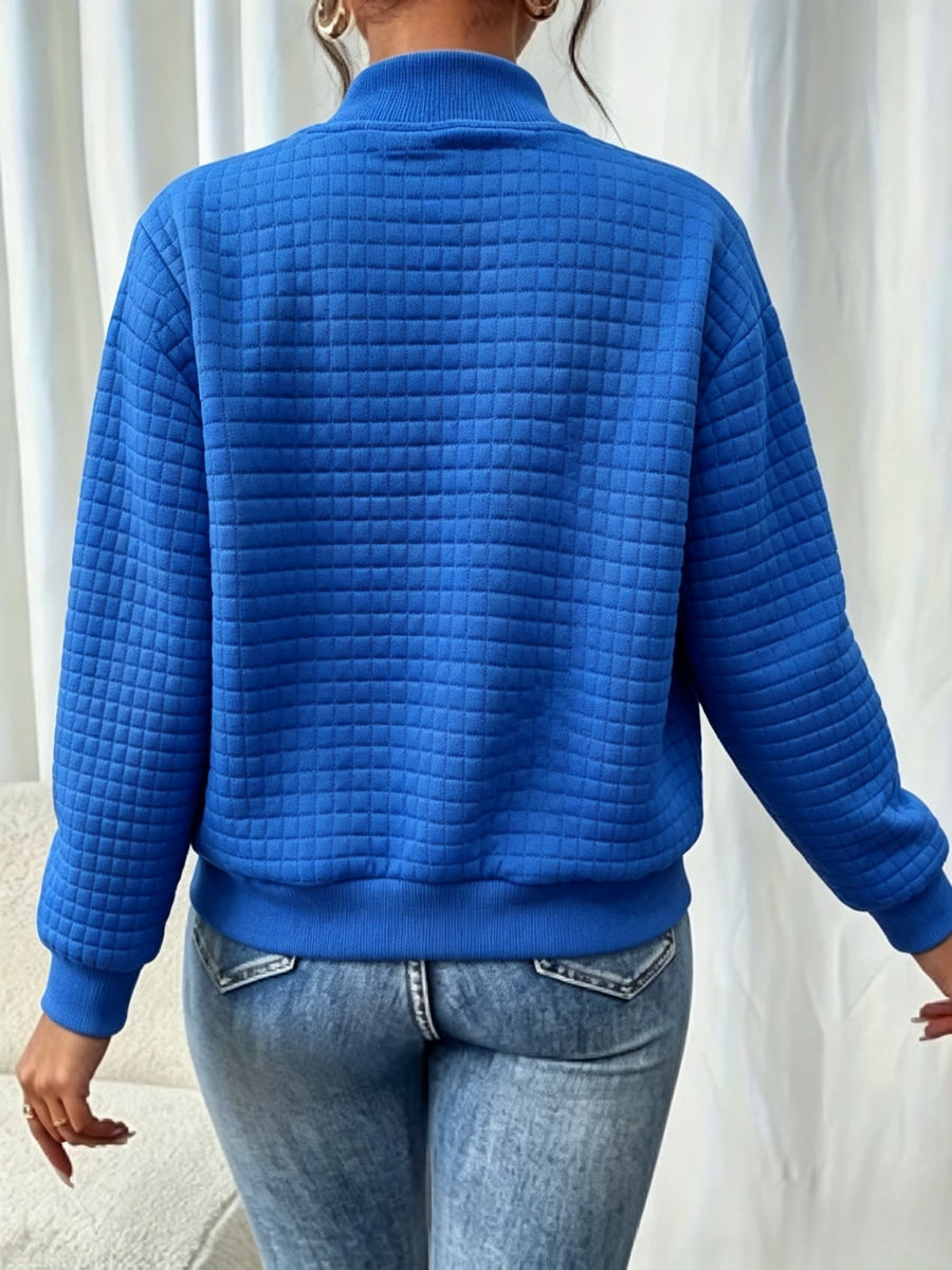 Easy Temperament Checkered Embossed Jacket, Casual All-Match Commute Loose Short Stand-Up Collar Coat Women'S - Vibrant Blue