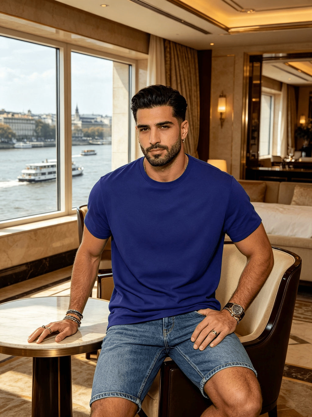 Men's Spring/Summer Solid Color T-Shirt, Short-Sleeve Top, Casual and Breathable, Suitable for Commuting and Outings, Fashionable, Trendy, Simple, and Versatile, a Casual Essential - Blue