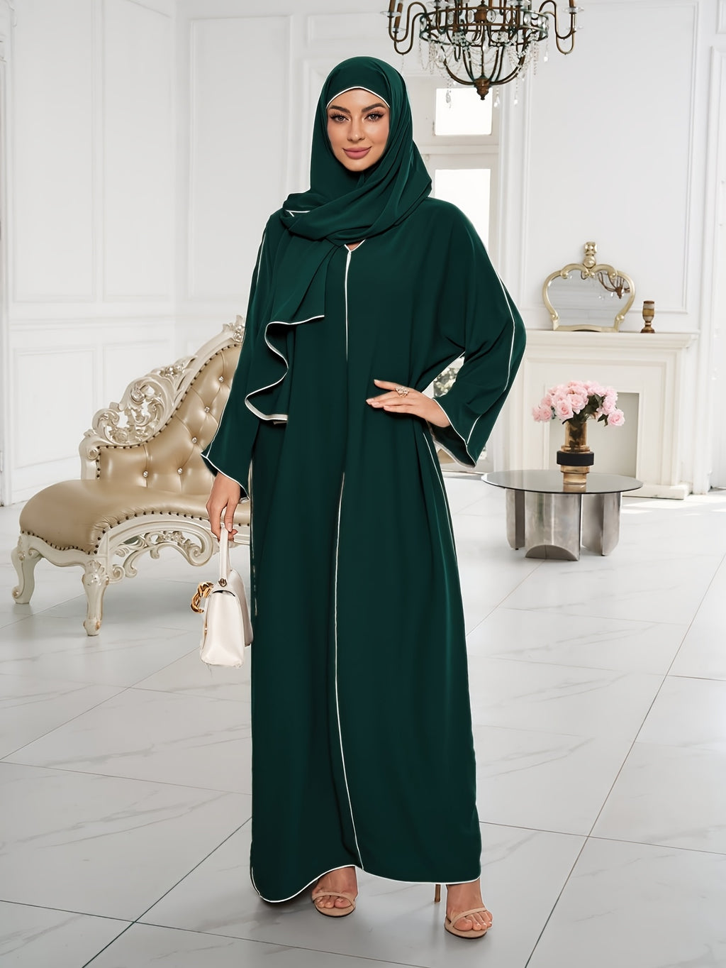 1 Set ( + Dress), Solid Color Nida Fabric, Elegant and Comfortable, Breathable and Comfortable for Outings | Simple Islamic Clothing | and Turkish Clothing, for Home, Outdoors, Leisure, Dresses for Women, Abaya for Women, Abaya Été, Abaya Femme - Dark Green