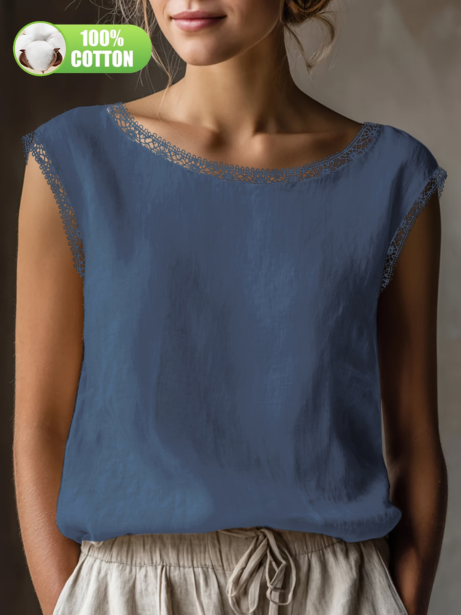 Summer Women'S Literary All- Retro Shirt 100% Top Lace Hollow Collar Loose Casual Versatile Everyday ASD1 - Gray Blue