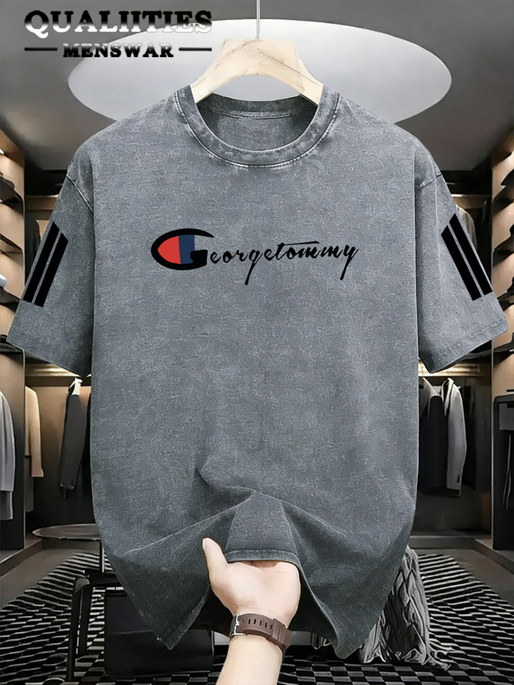 Men's Fashion Short-Sleeve Washed Distressed T-Shirt with "G" Letter Graphic Print, Suitable for Daily, Streetwear, Vintage, and Other Styling Approaches - Light Gray 1