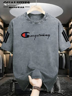 Men's Fashion Short-Sleeve Washed Distressed T-Shirt with "G" Letter Graphic Print, Suitable for Daily, Streetwear, Vintage, and Other Styling Approaches - Light Gray 1