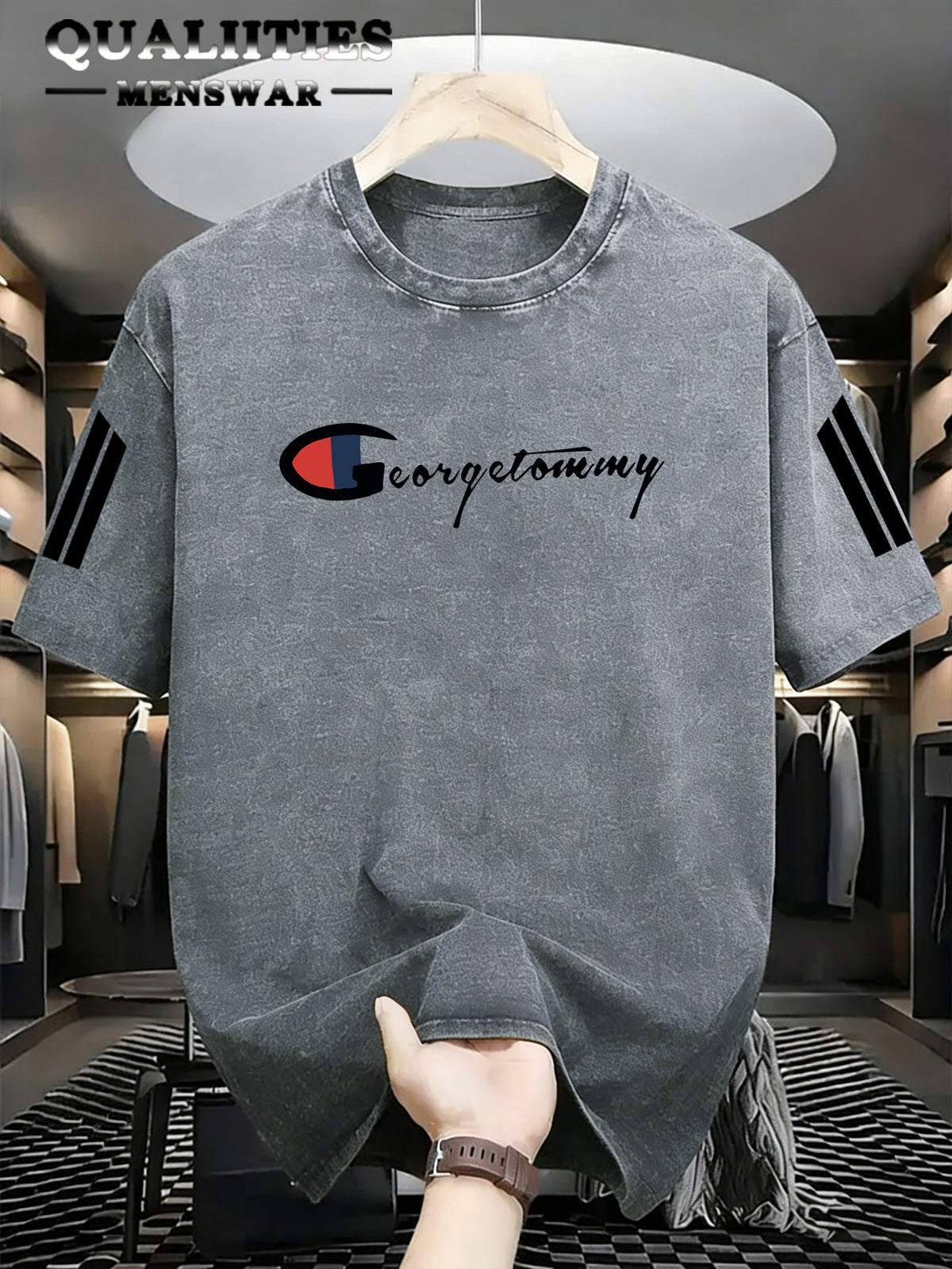 Men's Fashion Short-Sleeve Washed Distressed T-Shirt with "G" Letter Graphic Print, Suitable for Daily, Streetwear, Vintage, and Other Styling Approaches - Light Gray 1