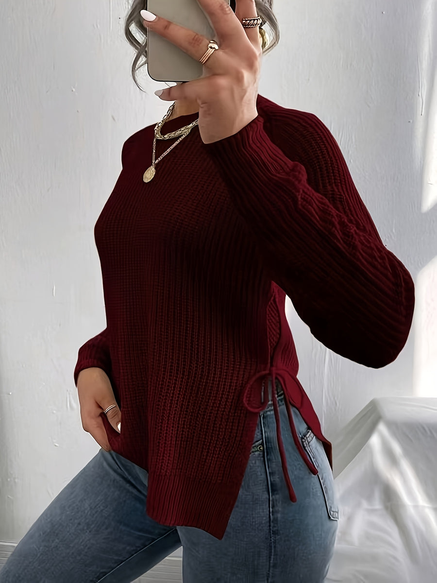Women's Slim Fit High Elasticity Long-Sleeve Top. Details: Slit Hem Bow Design Knitted - Ribbed Crew Neck Elegant Women's Wear for Autumn/Winter, Casual Everyday Semi-Formal Mustard Yellow Machine-Washable 100% Solid Versatile Base Layer Shirt - Burgundy