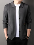 Men's Air-Layer Jacquard Cardigan -Front Lapel - Warm Winter Outerwear Suitable for Fall/Winter, Casual -Front Door Collar, Hand Washable Solid Color Blazer - Grey