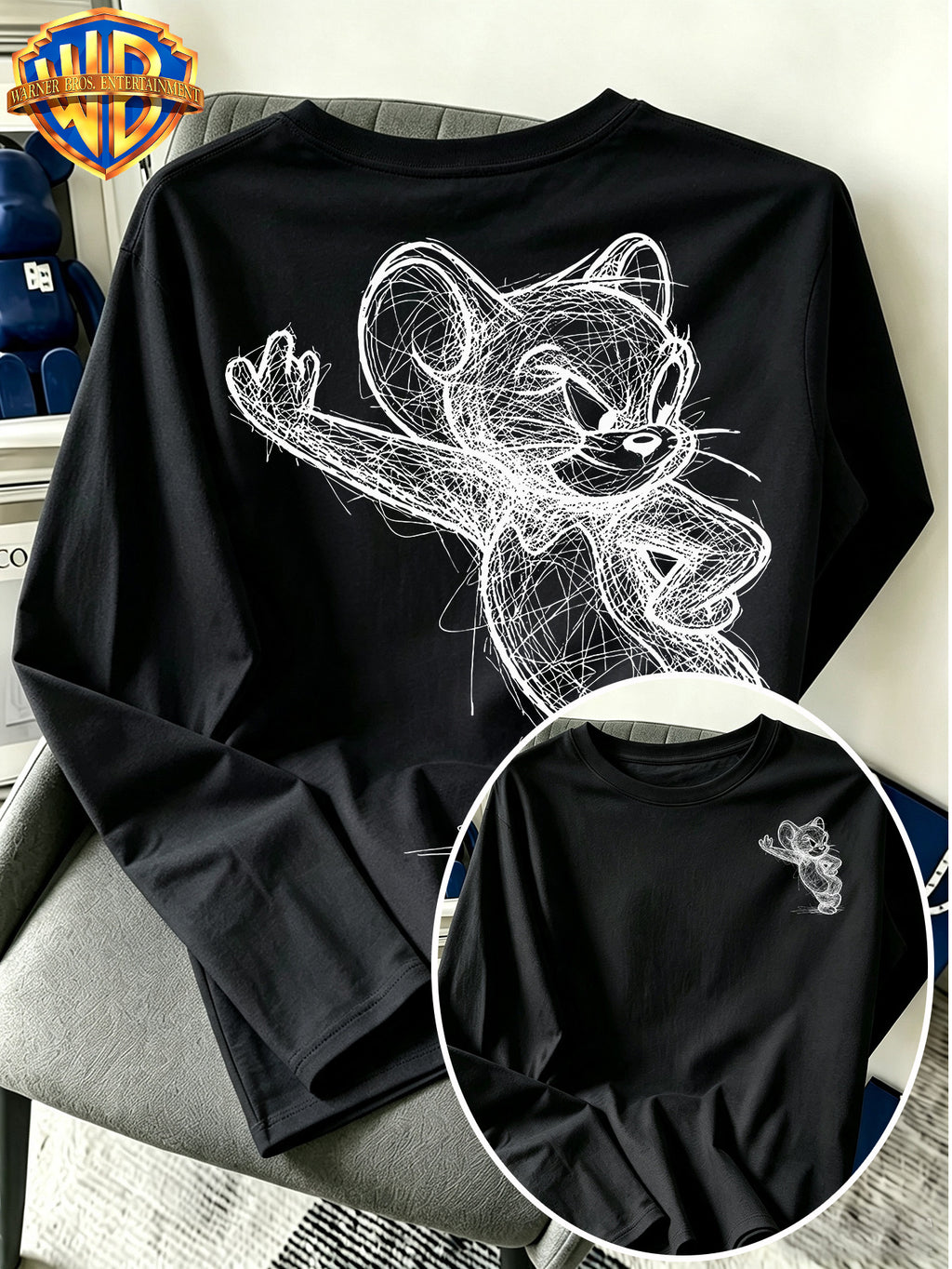 Official Warner Bros. Merchandise - Men'S Versatile Pure Long-Sleeve Top with Black And White Hand-Drawn Character Line-Art Print; Suitable for Spring And Autumn, Casual Streetwear Piece Perfect for Daily Wear, Leisure, Or Gifting - Black