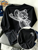 Official Warner Bros. Merchandise - Men'S Versatile Pure Long-Sleeve Top with Black And White Hand-Drawn Character Line-Art Print; Suitable for Spring And Autumn, Casual Streetwear Piece Perfect for Daily Wear, Leisure, Or Gifting - Black