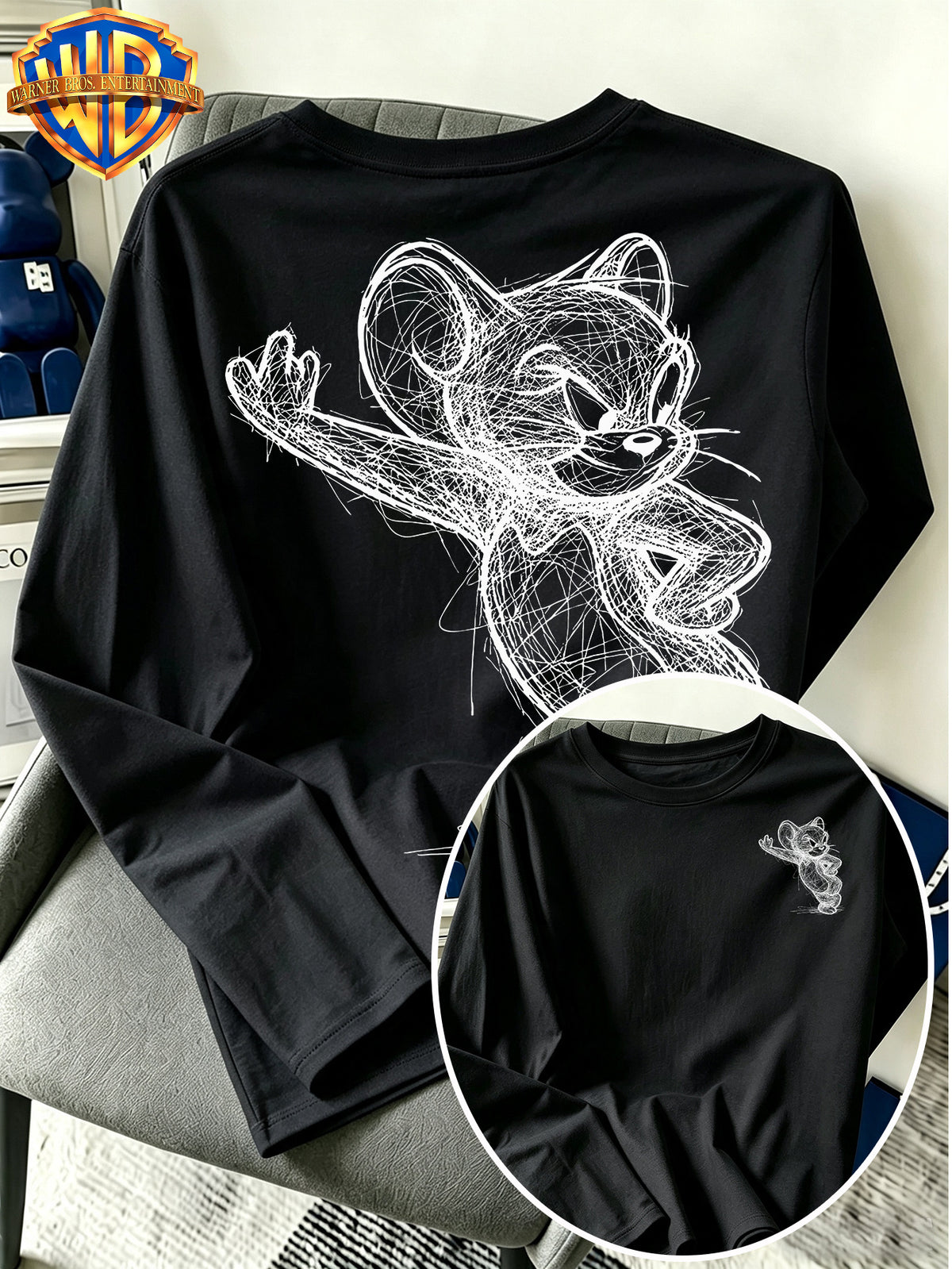 Official Warner Bros. Merchandise - Men'S Versatile Pure Long-Sleeve Top with Black And White Hand-Drawn Character Line-Art Print; Suitable for Spring And Autumn, Casual Streetwear Piece Perfect for Daily Wear, Leisure, Or Gifting - Black