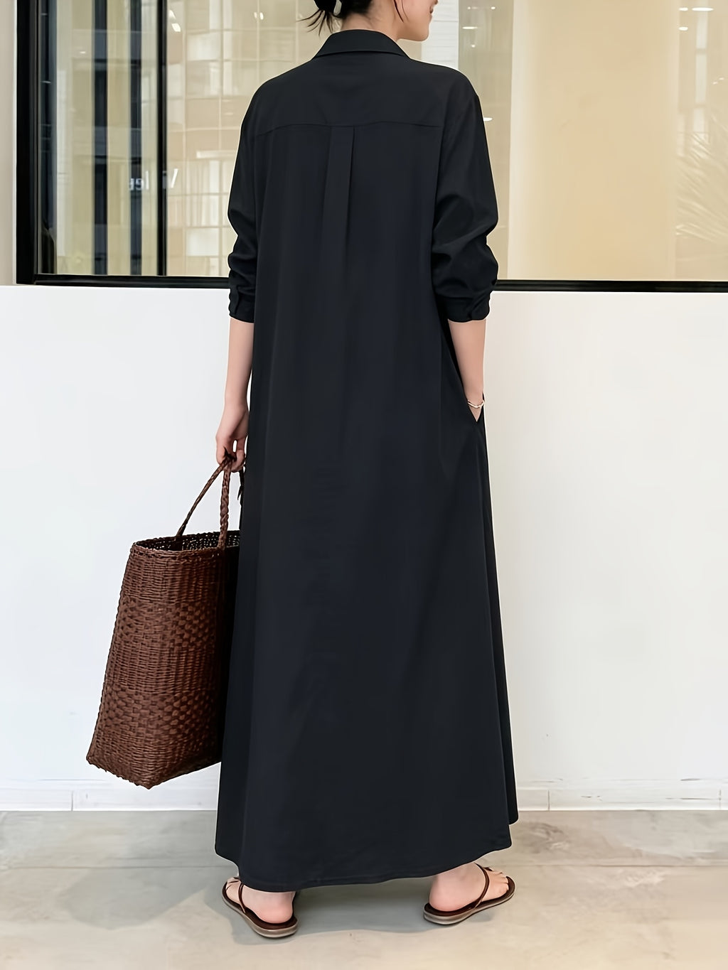 In Stock European And American New Solid Color Lapel Long Sleeve Pocket Easy Loose Casual Long Dress 1pc - Navy Color