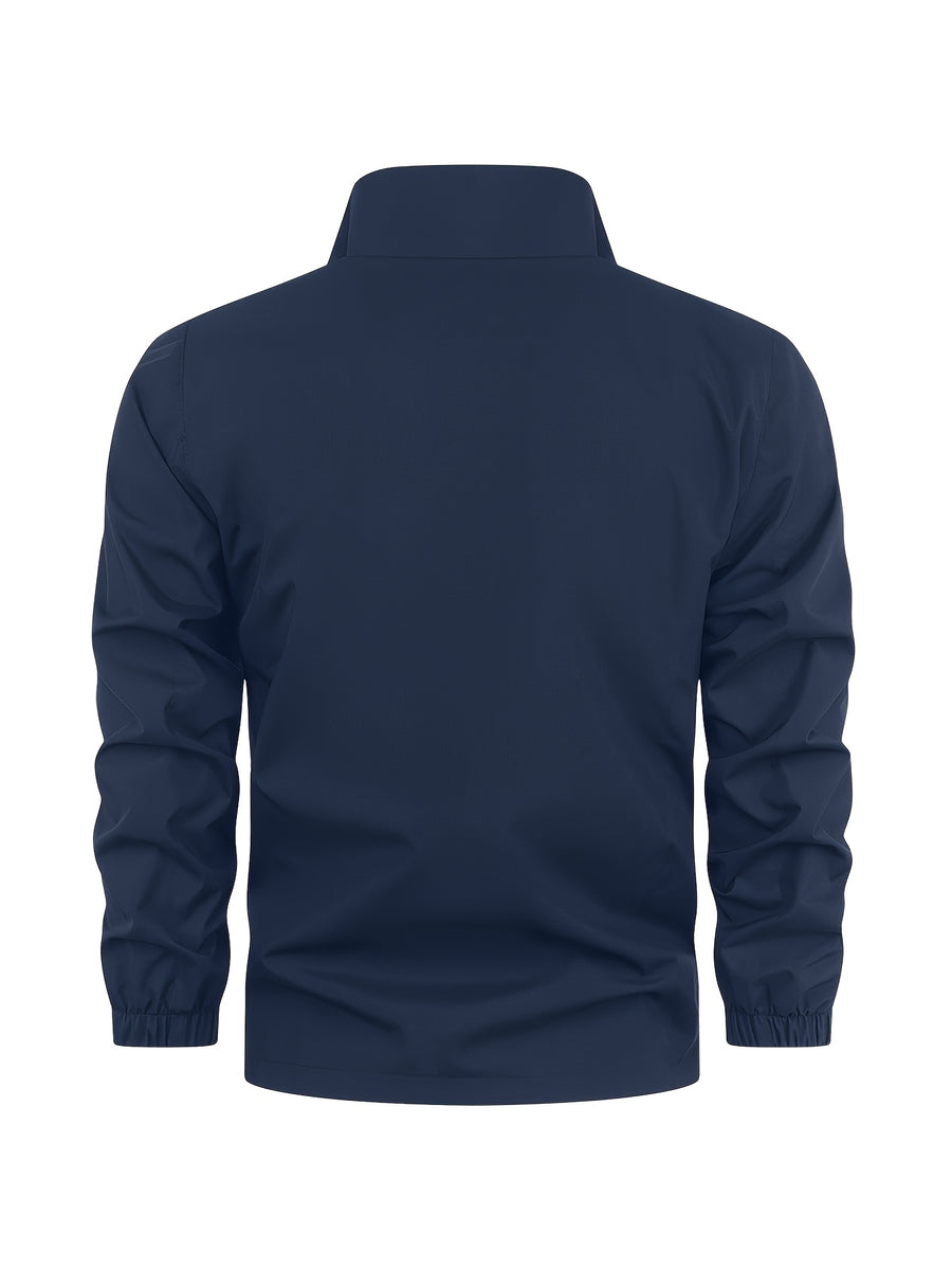 GK Minimalist Uppercase Letter Pattern Full-Zip Stand Collar Windproof Jacket, Unisex Spring/Autumn Lightweight Luxury Business Casual Outerwear - Navy Color