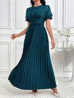 Women'S Solid Lantern Sleeve Ruffled Elegant Long Dress, Spring/Summer - Peacock Blue