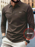 Men'S Breathable Soft Fabric Knit Polo Shirt, Fashionable MILANO Letter Print Business Top, Summer Lapel Long Sleeve Tennis Shirt Suitable for Golf And Business Casual, Gift - Coffee Brown
