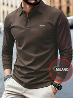 Men'S Breathable Soft Fabric Knit Polo Shirt, Fashionable MILANO Letter Print Business Top, Summer Lapel Long Sleeve Tennis Shirt Suitable for Golf And Business Casual, Gift - Coffee Brown