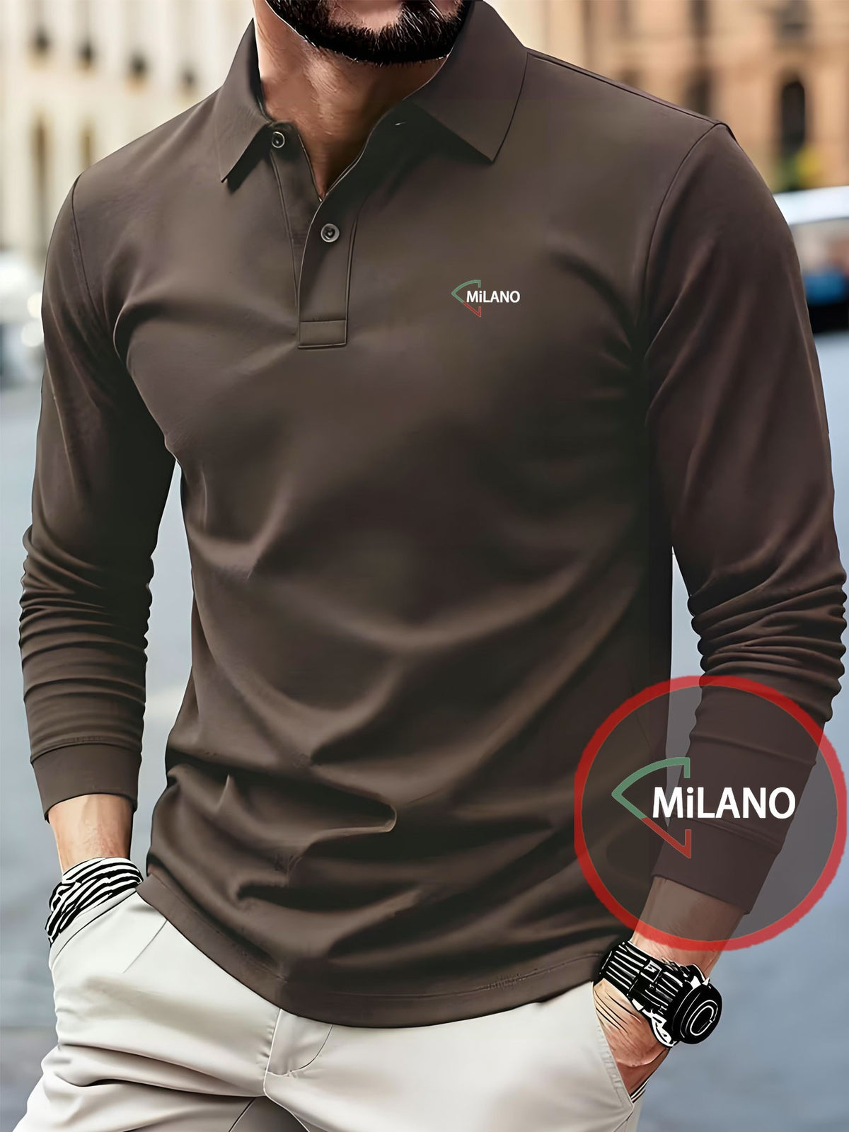 Men'S Breathable Soft Fabric Knit Polo Shirt, Fashionable MILANO Letter Print Business Top, Summer Lapel Long Sleeve Tennis Shirt Suitable for Golf And Business Casual, Gift - Coffee Brown