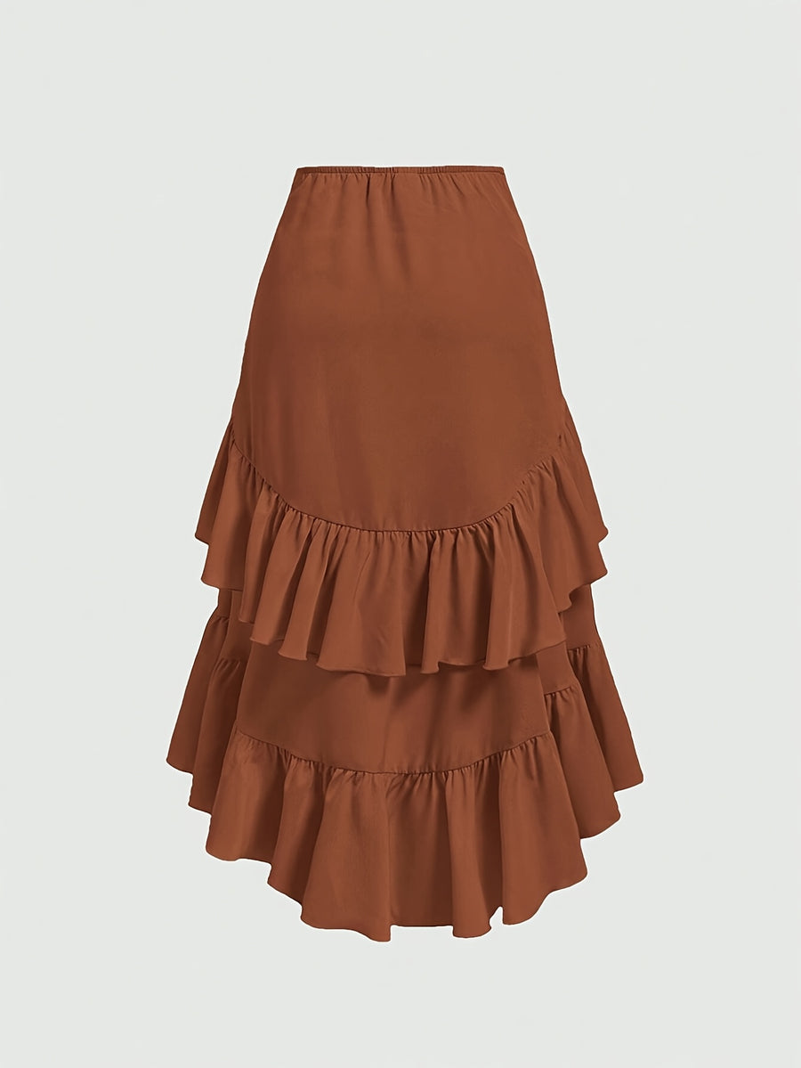 New Fashion Asymmetrical Pleated Hem Design Multi-layered Women's Skirt - Loess Ochre