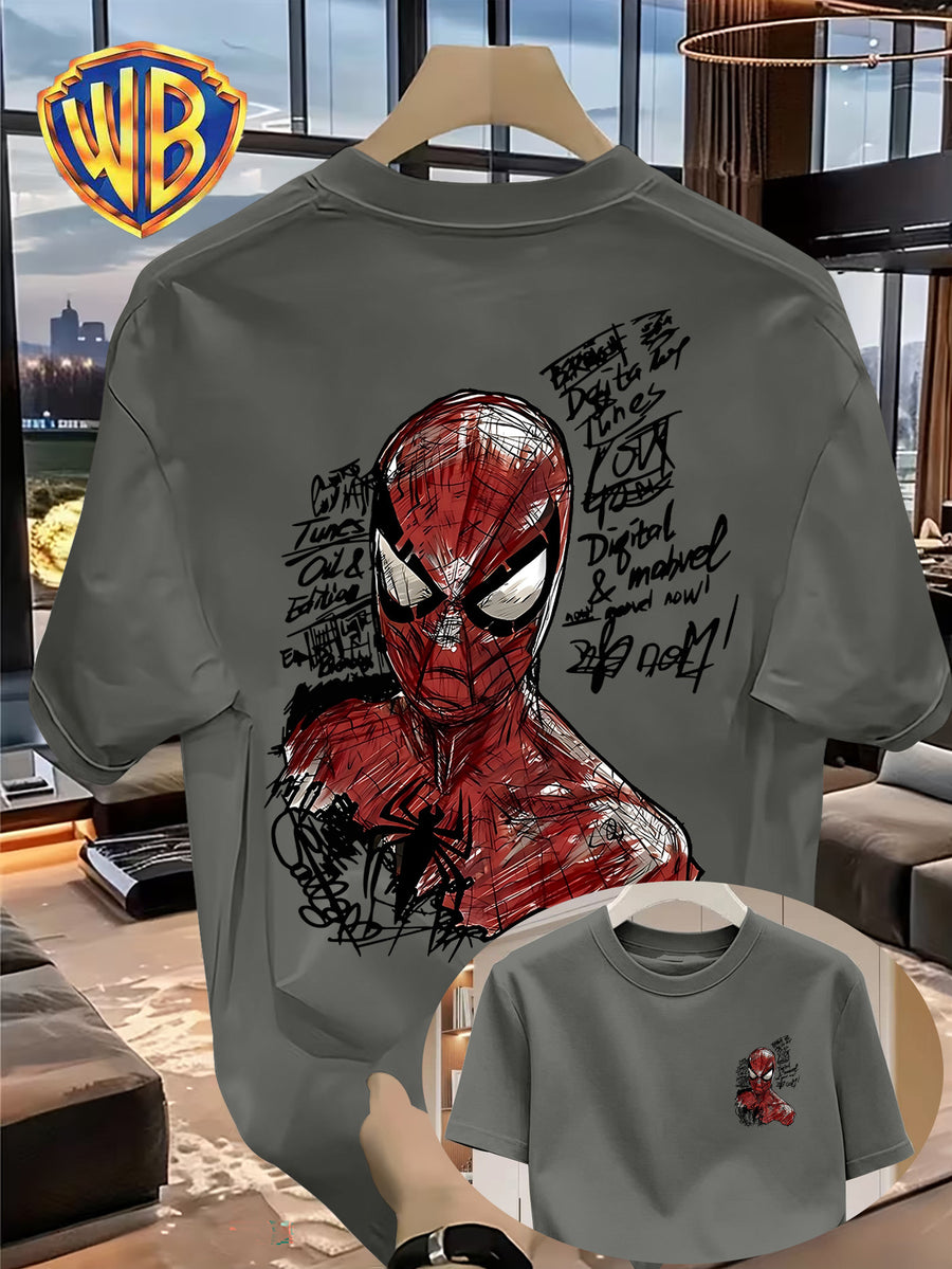 Hand-Drawn Line Art Retro Anime Front And Back Print, Summer Men'S Casual T-Shirt, Men'S Fashion Short Sleeve, Men'S Trendy Top, Loose Short Sleeve, Comfortable, Casual, Commute, Vacation, Premium, Couple Style, Student, Holiday, Gift, All Seasons - Graphite Color