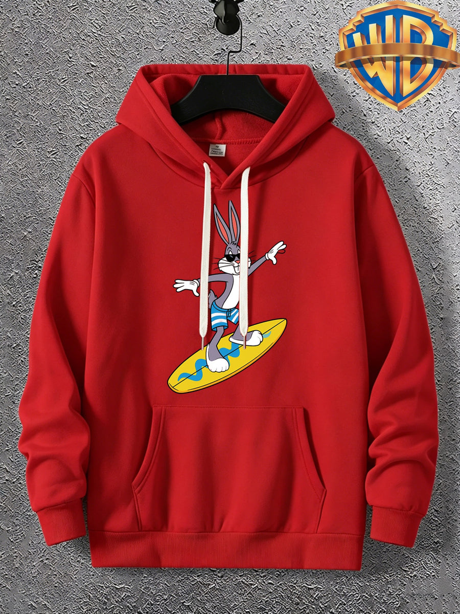 Warner Bros. Official Men's Autumn Hooded Sweatshirt, with Ribbed Cuffs, Breathable Polyester Fabric, Summer Beach Surfing Anime Print, Suitable for Casual and Sporty Outfits, Friend Gatherings, and Daily Shopping, Pocket Storage - Bright Red