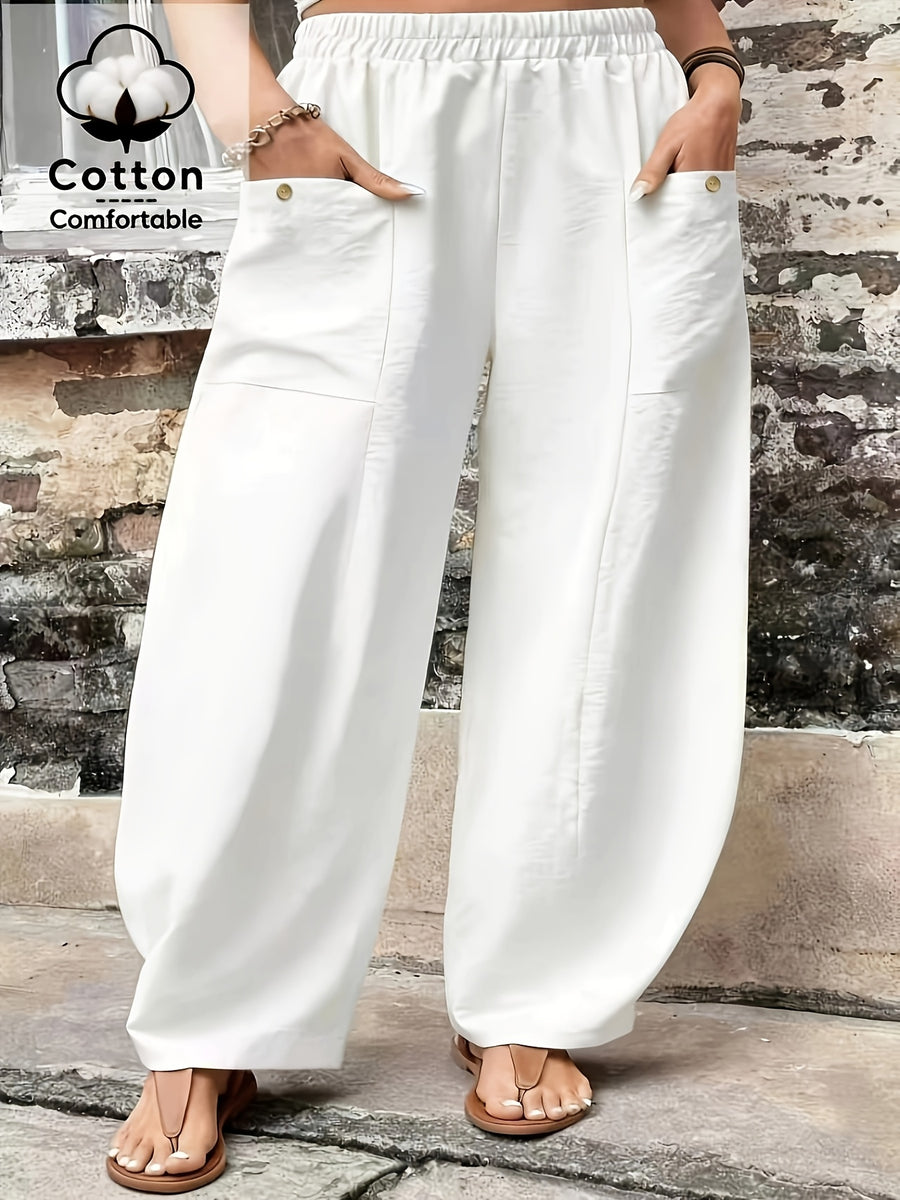 Plus Size, Plus Size Stylish Women's Solid Color Casual Pants, Elastic High Waist with Pockets, Loose Wide-Leg Trousers, Versatile Pants for Commuting and Vacation - White