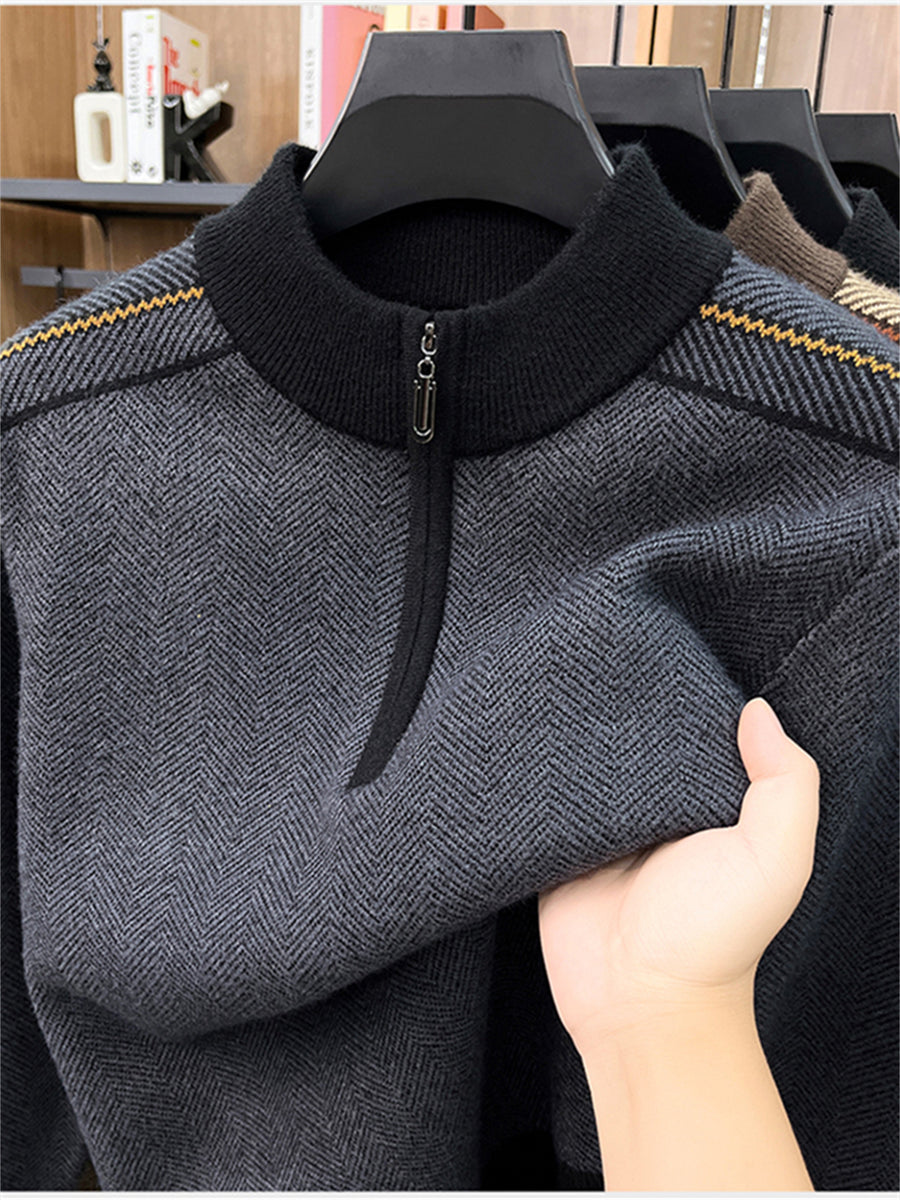 Autumn Winter Knit 3D Solid Round Neck Half-Zip Sweater, Basic Knit Pullover Top for Men, Fashionable Long Sleeve ZYR - Grey