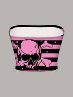 1pc Summer Pink and Black Striped Skull Print Top with Punk-sweet Style Elements, a Trendy and Eye-catching Piece That Showcases Individuality. Breathable, New Summer Item, Casual, Slim-fit, and Super Figure-flattering. Ideal for Who Love - Mixed colors