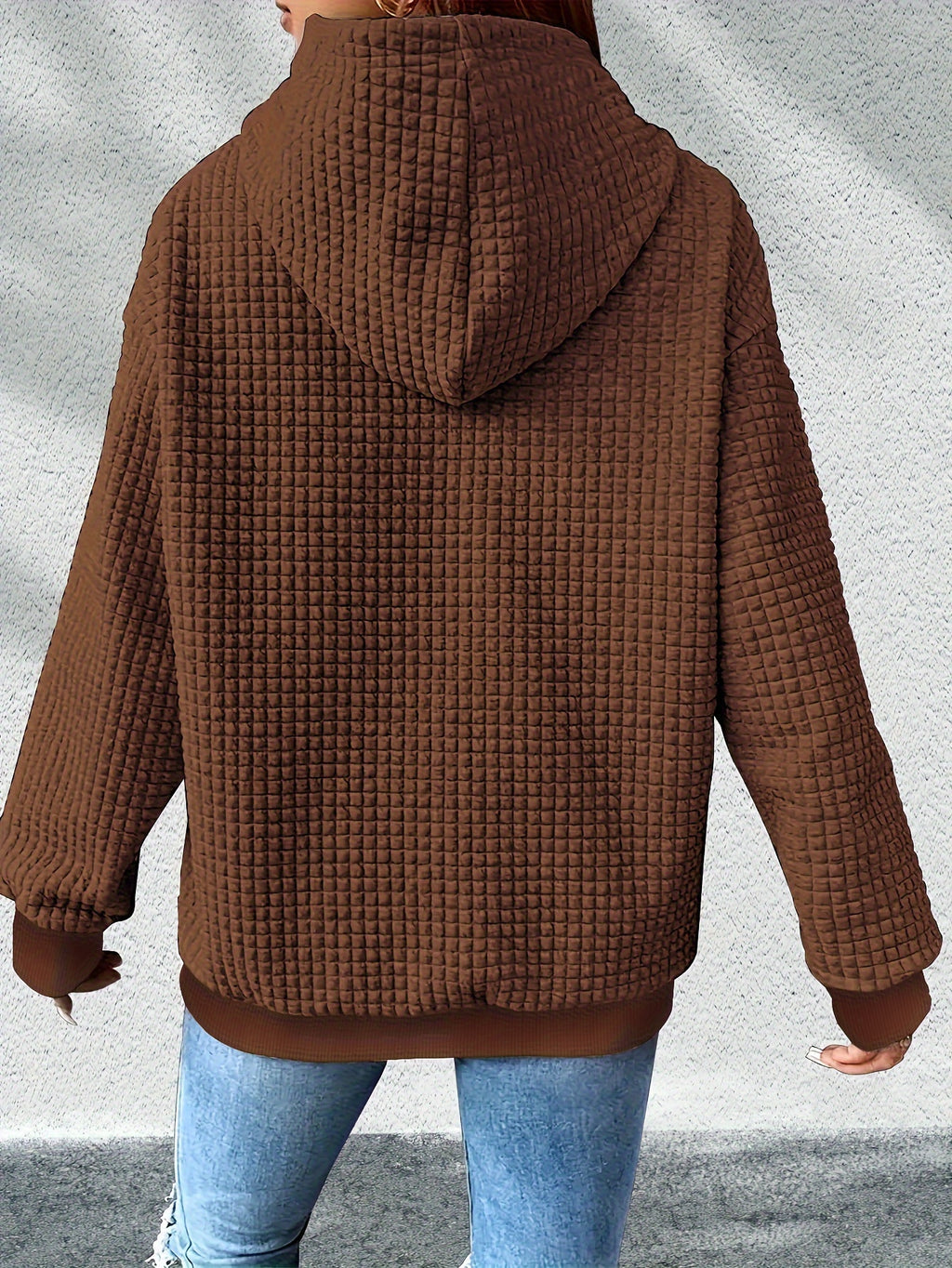 Valentine's Day 2026 New Summer Promotion Fashionable, Commuting, Daily Outfit, Casual Yet Appropriate, Elegant, People, Waffle Women's Drawstring Hooded Sweatshirt Casual Loose Printed Sweatshirt - Dark Brown