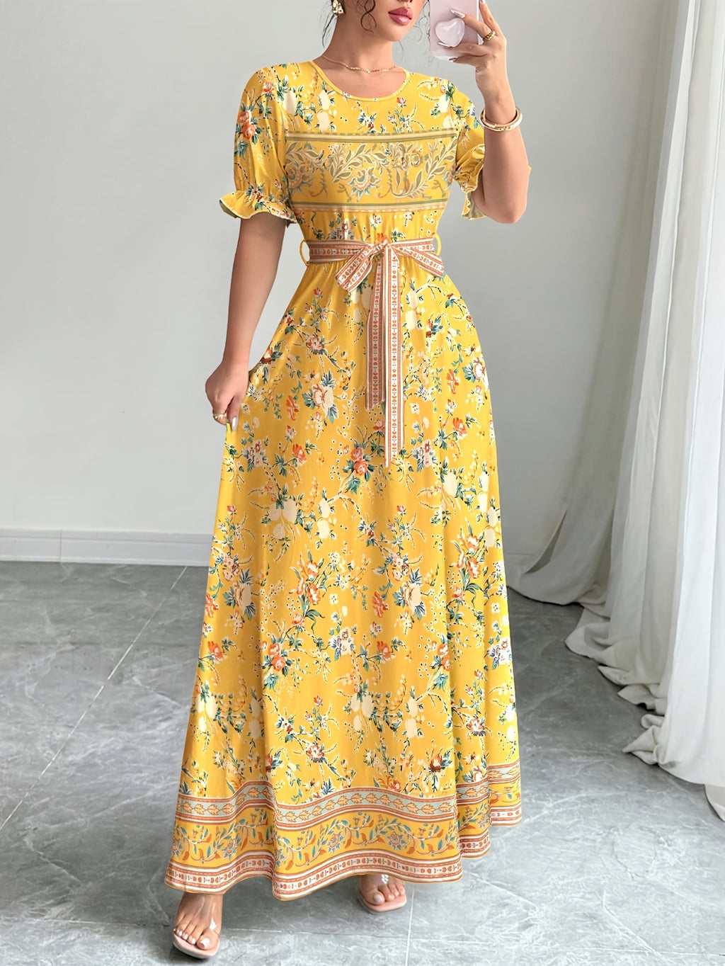 Holiday Gathering Vacation Dress Printed Dress Women'S Fashion Round Neck Short Puff Sleeve Skirt Design with Belt Waist-Cinching Long Dress Elegant Summer Dress ASD1 - Yellow