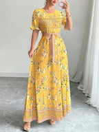 Holiday Gathering Vacation Dress Printed Dress Women'S Fashion Round Neck Short Puff Sleeve Skirt Design with Belt Waist-Cinching Long Dress Elegant Summer Dress ASD1 - Yellow