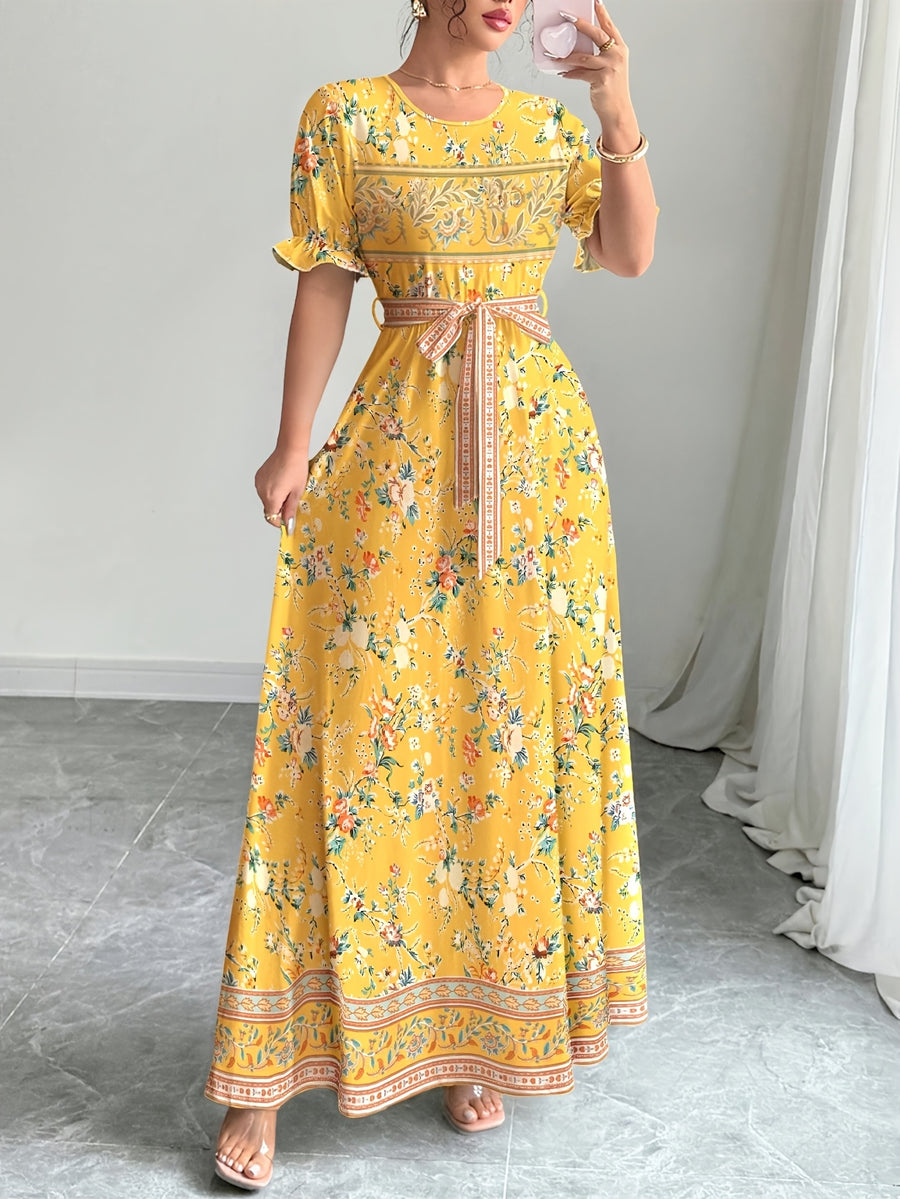 Holiday Gathering Vacation Dress Printed Dress Women'S Fashion Round Neck Short Puff Sleeve Skirt Design with Belt Waist-Cinching Long Dress Elegant Summer Dress ASD1 - Yellow