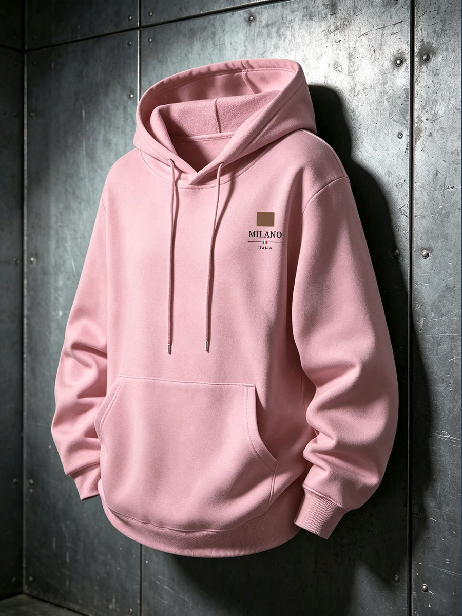 American Vintage Small Square Logo Hooded Sweatshirt for Men, Casual Hoodie, Trendy and Versatile for Daily Wear, Long-Sleeve Top - Pink