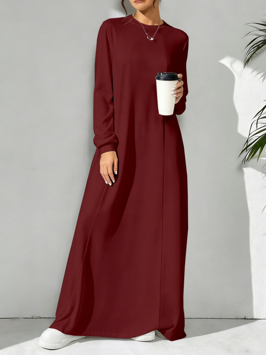 Women'S Casual Solid Color Arabian Style Dress, Spring/Autumn Season, Easy Long Sleeve Dress, Perfect for Beach/Casual/Vacation/Home Wear/Daily Wear - Burgundy