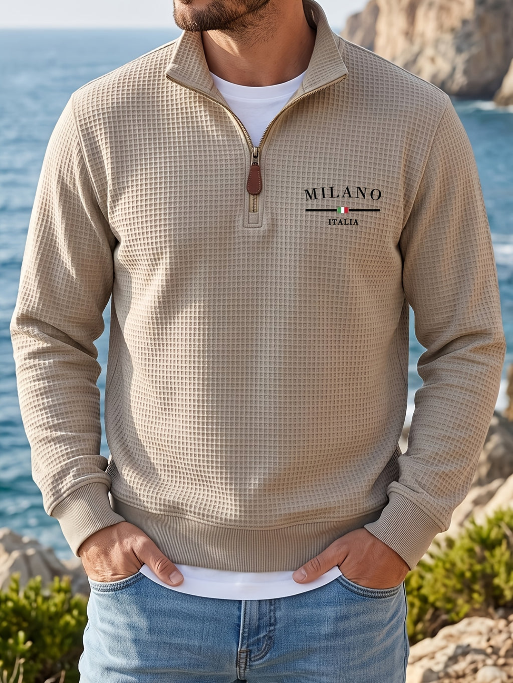 Men's Casual Half-Zip Sweatshirt, Waffle Knit Fabric, Comfortable and Breathable, Versatile for Spring and Autumn, Suitable for Outings and Vacations, an Essential for Daily Wear - Khaki