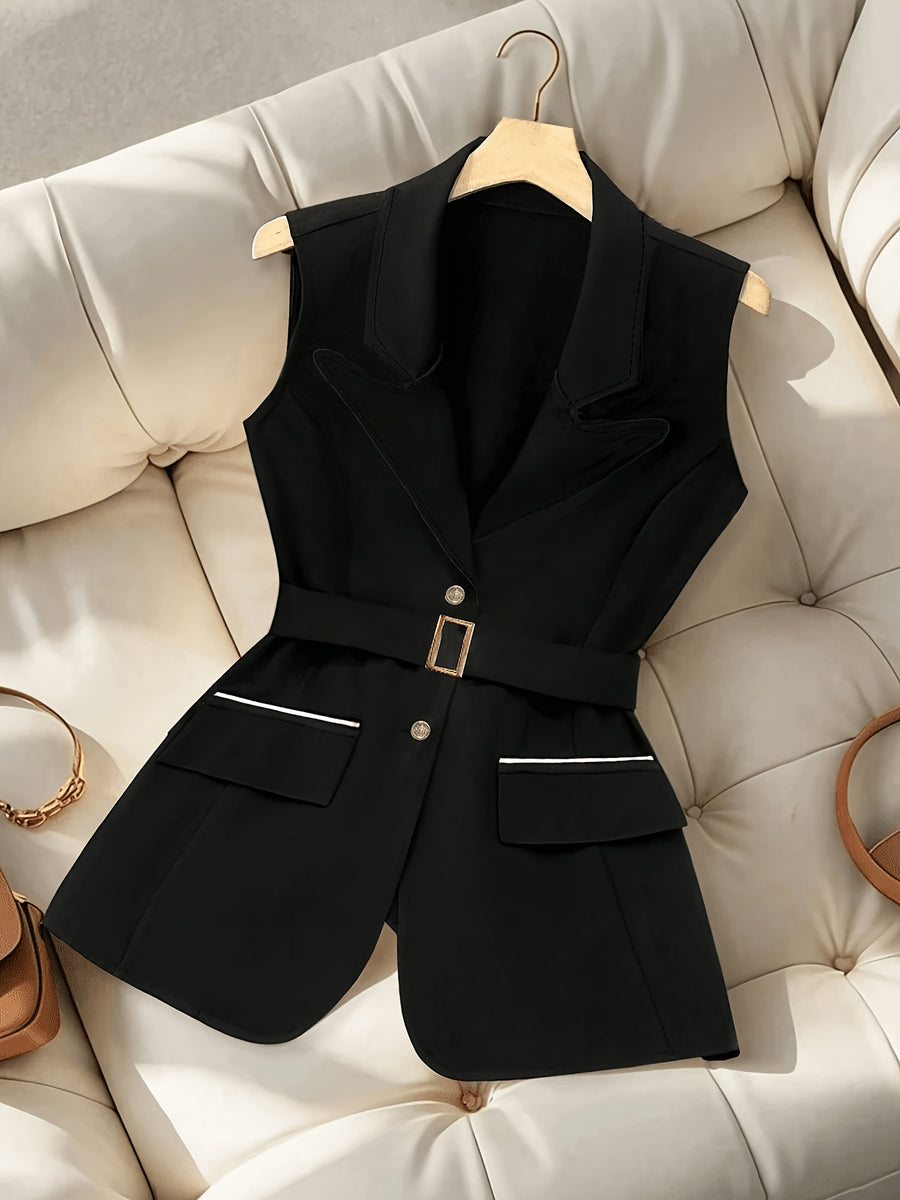 Women'S Elegant Commute British Style Solid Color Vest, Belt Waist-Defining Suit Vest Jacket - Black