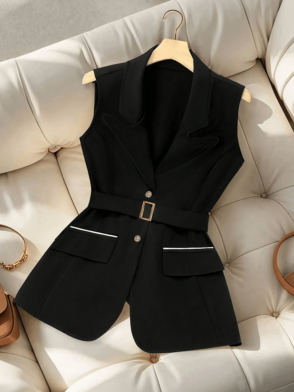 Women'S Elegant Commute British Style Solid Color Vest, Belt Waist-Defining Suit Vest Jacket - Black