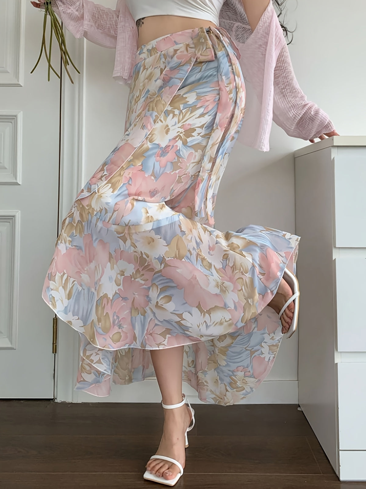 Elegant Women's Printed Chiffon Skirt with Ruffled Hem, Summer Apparel, Back-to- Season, Floral Holiday Outfit - Multicolor