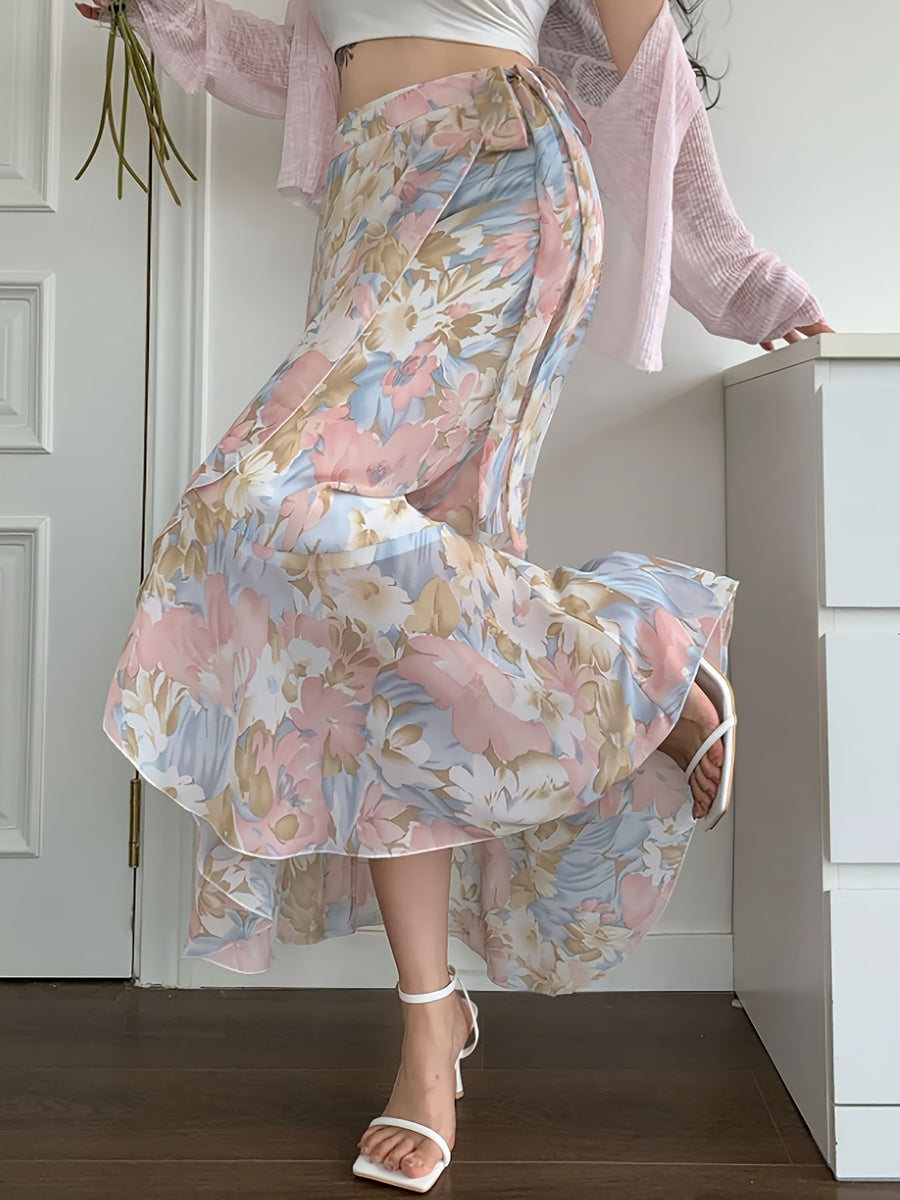 Elegant Women's Printed Chiffon Skirt with Ruffled Hem, Summer Apparel, Back-to- Season, Floral Holiday Outfit - Multicolor